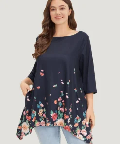 Floral Print Crew Neck Asymmetrical Hem T-shirt