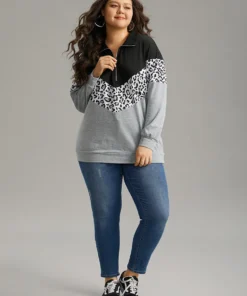 Leopard Contrast Patchwork Half Zip Sweatshirt -Clothing Shop 371577670 rl