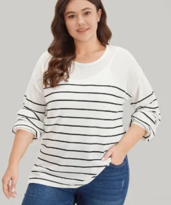 Striped Split Side Lightweight Elastic Cuffs Pullover -Clothing Shop 371665252 wr