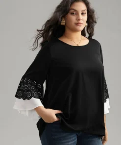 Anti-Wrinkle Laser Cut Contrast Ruffles Blouse -Clothing Shop 372240388 be