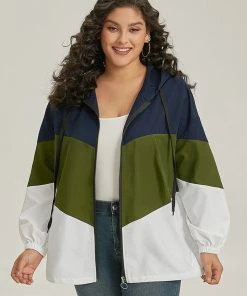 Colorblock Contrast Drawstring Hooded Zipper Jacket