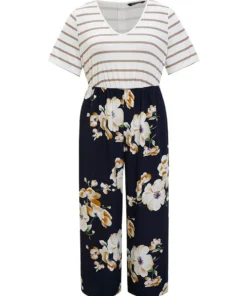 Striped & Floral Patchwork Pocket Jumpsuit -Clothing Shop 372306362 rl