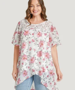 Floral Lace Ruffle Sleeve High Low Hem Blouse