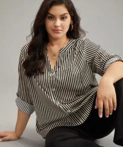 Striped Notched Button Through Blouse