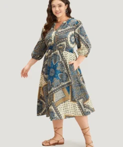 Bandana Print Notched Lantern Sleeve Dress -Clothing Shop 372523351 ey