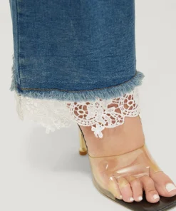 Slightly Stretchy High Rise Dark Wash Lace Hem Jeans -Clothing Shop 37313424 rk