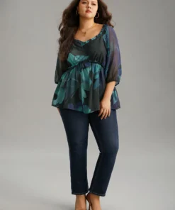 Square Neck Floral Frill Trim Mesh Ruffles Blouse -Clothing Shop 373393689 jc