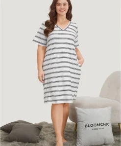 V Neck Pocket Striped Sleep Dress -Clothing Shop 373510195 zx