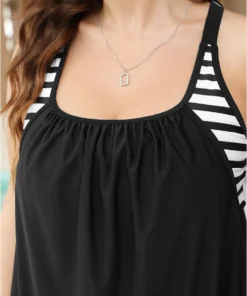 Striped Patchwork Gathered Crossover Back Tankini Top 23 Striped Patchwork Gathered Crossover Back Tankini Top -Clothing Shop 373601025 iw