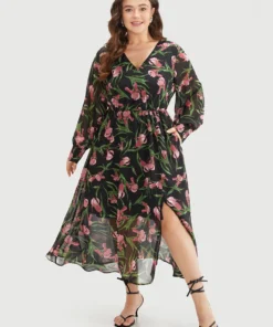 Floral Print Chiffon Split Side Elastic Waist Dress