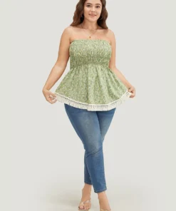 Ditsy Floral Frill Trim Tassels Hem Shirred Off Shoulder Blouse -Clothing Shop 374298470 qn