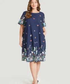 Butterfly & Floral Round Neck Print Pocket Knee Dress -Clothing Shop 374732903 yi 2e2a02ae 9175 4cec 9a4e 1c707999e4f5