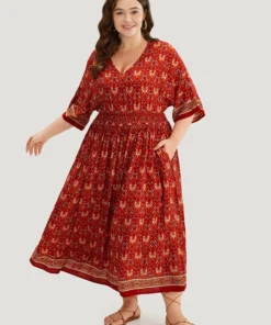 Bandana Print Batwing Sleeve Shirred Dress -Clothing Shop 374868708 xu