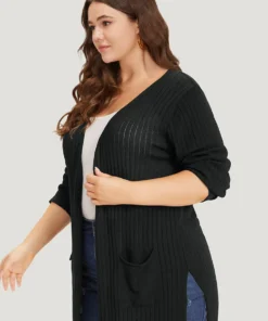 Solid Rib Knit Pocket Lightweight Tunic Cardigan -Clothing Shop 375195734 rf