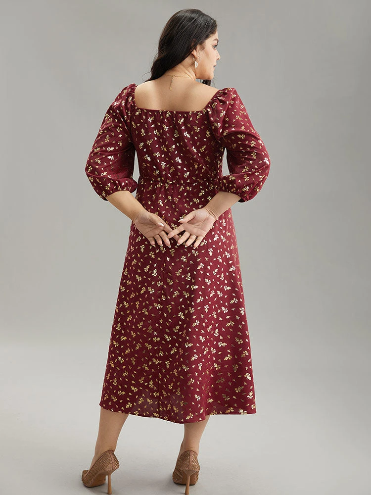 Glitter Square Neck Shirred Split Front Frill Trim Dress 5 Glitter Square Neck Shirred Split Front Frill Trim Dress - Image 3