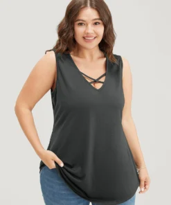 Plain Crisscross Deep V Neck Tank Top -Clothing Shop 376010033 ld