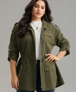 Solid Zipper Drawstring Tab Sleeve Trench Coat -Clothing Shop 376365291 rb