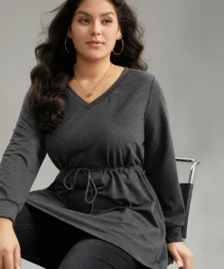 V Neck Plain Drawstring Knot Sweatshirt -Clothing Shop 376840294 ic
