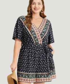 Bandana Print Wrap Ruffle Sleeve Pocket Belted Romper -Clothing Shop 376958888 my