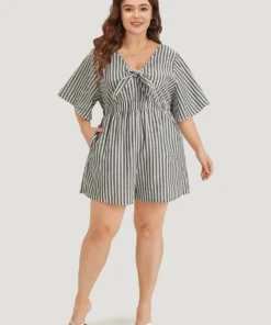 Striped Print Pocket Knot Flutter Sleeve Jumpsuit -Clothing Shop 377261022 gd