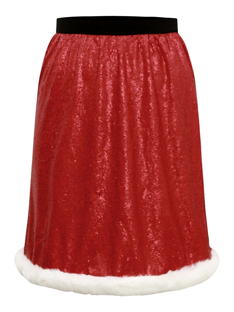 Christmas Sequin Patchwork Fuzzy Trim Skirt 8 Christmas Sequin Patchwork Fuzzy Trim Skirt - Image 6