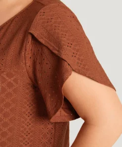 Plain Geometric Eyelet Keyhole Petal Sleeve T-shirt -Clothing Shop 378341031 nx 752a4c29 1d69 4d7b 93eb c236de1f2708
