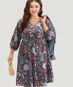 Floral Print Lantern Sleeve Elastic Waist Dress 19 Floral Print Lantern Sleeve Elastic Waist Dress -Clothing Shop 378613725 pz