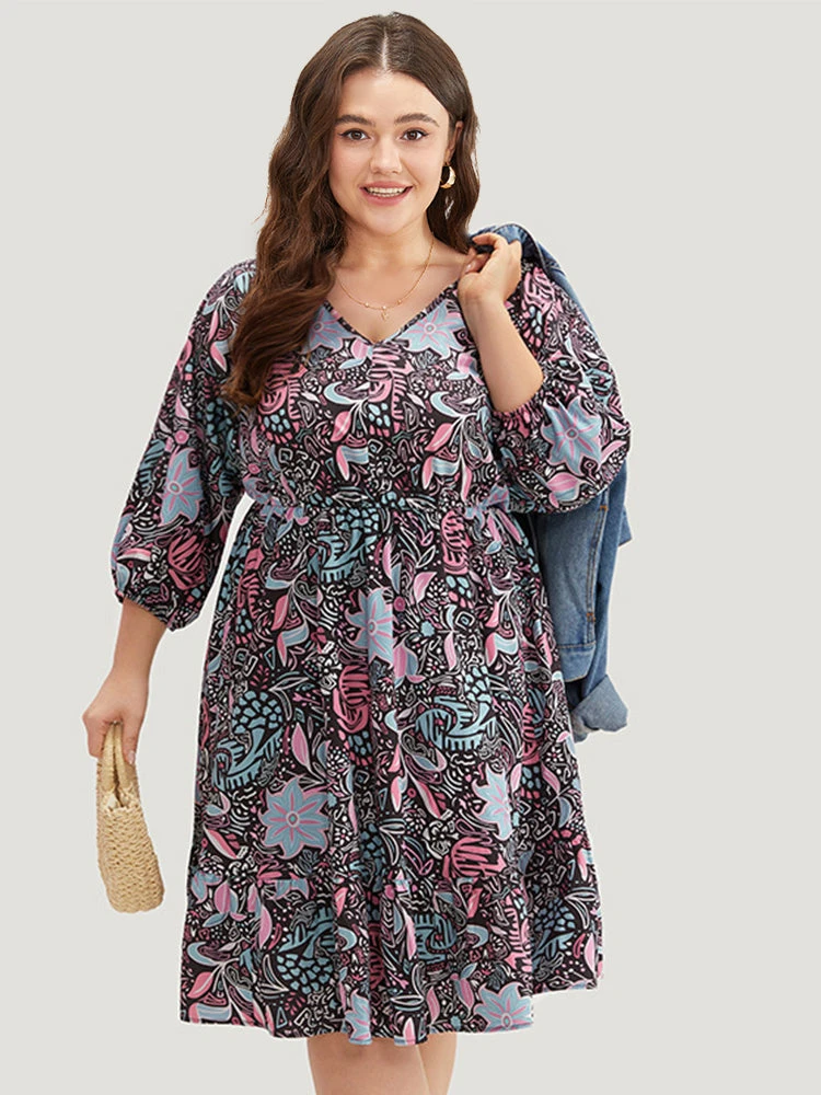 Floral Print Lantern Sleeve Elastic Waist Dress 9 Floral Print Lantern Sleeve Elastic Waist Dress - Image 7