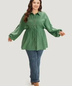 Plain Shirt Collar Drawstring Button Through Lantern Sleeve Coat -Clothing Shop 378641902 fp