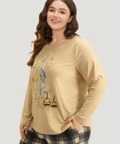 Halloween Skull & Pumpkin Print Sleep Top -Clothing Shop 37949284 ee