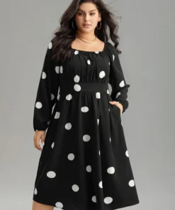 Polka Dot Square Neck Gathered Elastic Cuffs Dress
