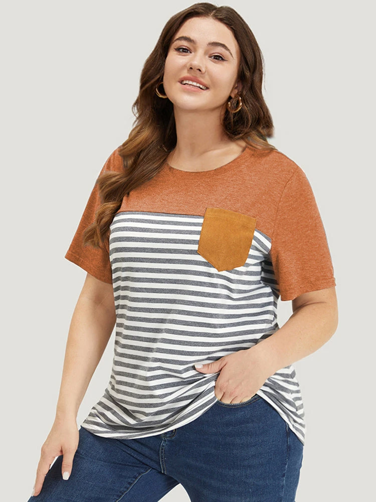 Striped Patchwork Round Neck Patched Pocket T-shirt 12 Striped Patchwork Round Neck Patched Pocket T-shirt - Image 10