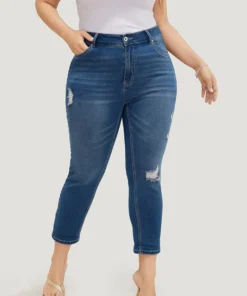 Very Stretchy High Rise Dark Wash Ripped Detail Cropped Jeans 13 Very Stretchy High Rise Dark Wash Ripped Detail Cropped Jeans -Clothing Shop 380504987 pr