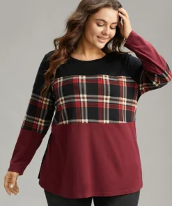 Plaid Contrast Patchwork Round Neck T-shirt -Clothing Shop 380655965 ne