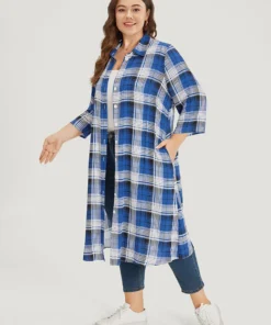 Plaid Shirt Collar Pocket Button Through Kimono -Clothing Shop 38073477 ef