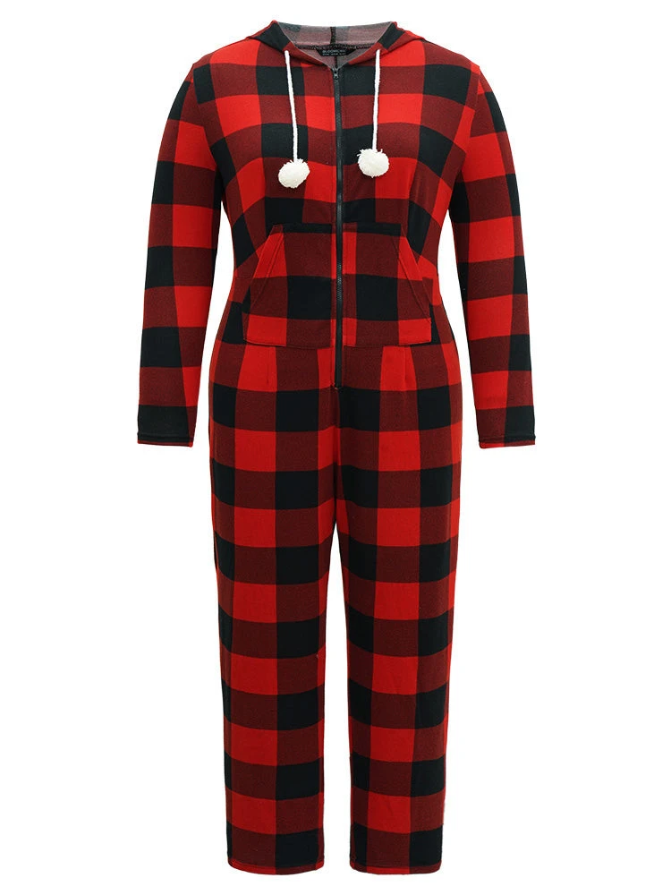 Plaid Zipper Hooded Fluffy Ball Pocket Sleep Jumpsuit 9 Plaid Zipper Hooded Fluffy Ball Pocket Sleep Jumpsuit - Image 7