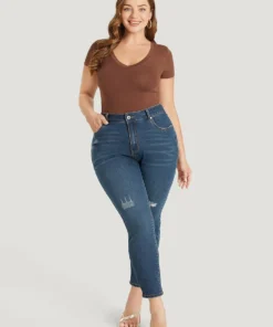 Skinny Moderately Stretchy High Rise Dark Wash Ripped Jeans -Clothing Shop 381102985 xp