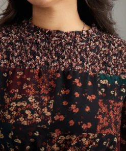 Ditsy Floral Shirred Patchwork Frill Trim Gathered Blouse -Clothing Shop 381170737 xa