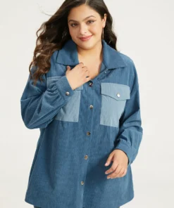 Two Tone Flap Pocket Button Up Corduroy Coat -Clothing Shop 38264694 su