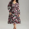 Floral Print Chiffon Shirred Elastic Cuffs Dress -Clothing Shop 382817894 tc