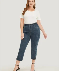 Very Stretchy High Rise Dark Wash Split Jeans -Clothing Shop 382953265 ww