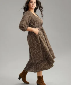 Leopard Lantern Sleeve Ruffles Frill Trim Dress -Clothing Shop 382994124 ta
