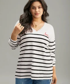 Supersoft Essentials Striped Letter Embroidered Lace Panel Pullover -Clothing Shop 38315131 ww