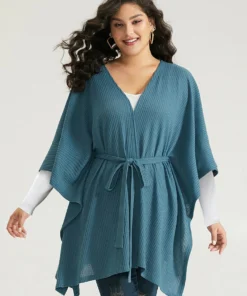 Solid Belted Dolman Sleeve Waffle Knit Coat