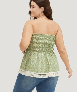 Ditsy Floral Frill Trim Tassels Hem Shirred Off Shoulder Blouse -Clothing Shop 385210141 tf