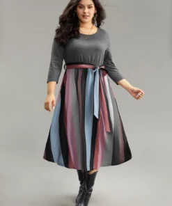 Striped Contrast Patchwork Belted Dress