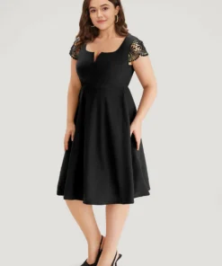 Solid Notched Pocket Cut Out Patchwork Dress -Clothing Shop 386339677 kx