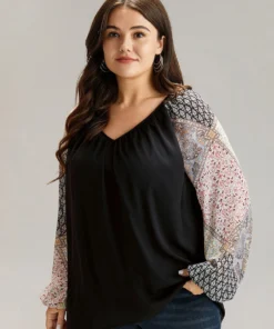 Bandana Patchwork Twill Contrast Lantern Sleeve Blouse
