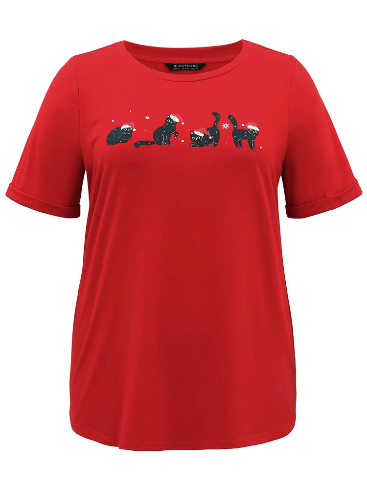 Christmas Cat Print Cuffed Sleeve T-shirt 7 Christmas Cat Print Cuffed Sleeve T-shirt - Image 5