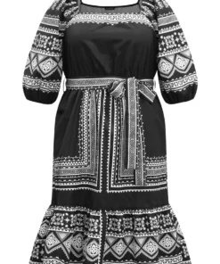 Boho Print Square Neck Belted Dress -Clothing Shop 386505064 vd